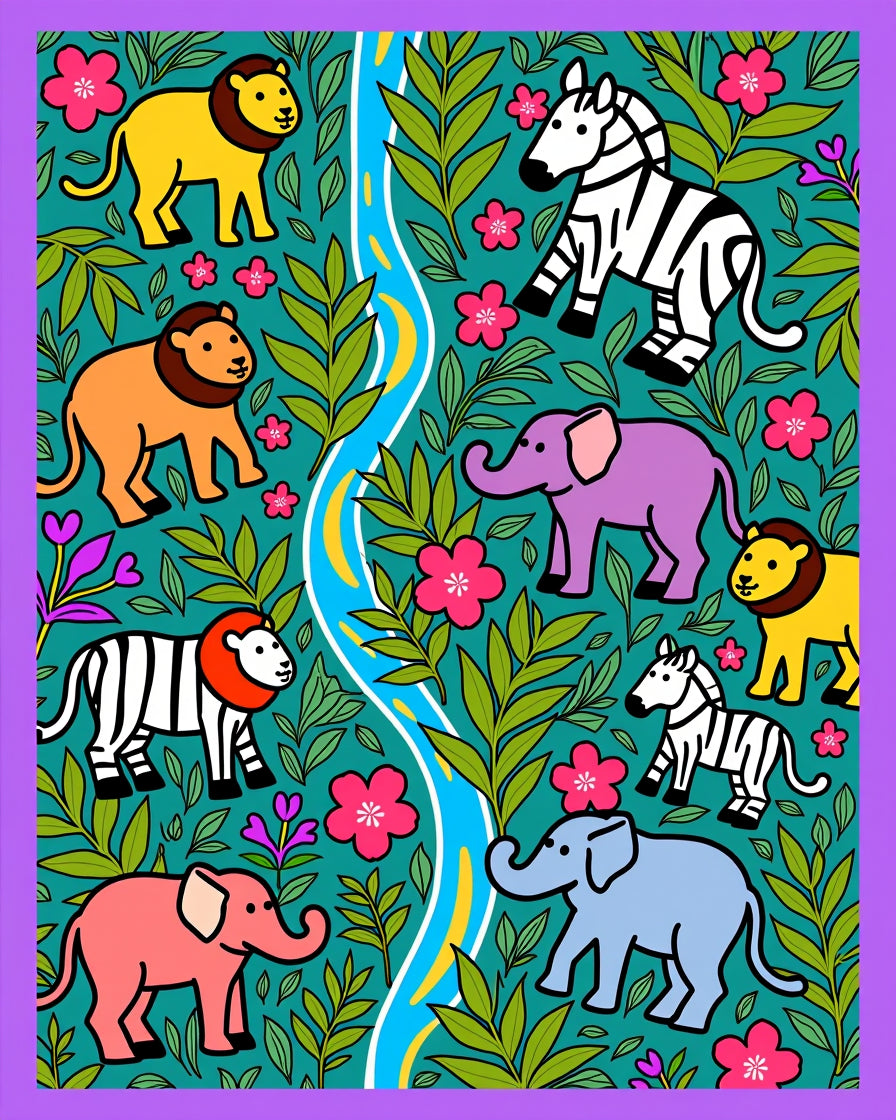 Jungle Animals Flora River Scene Rug