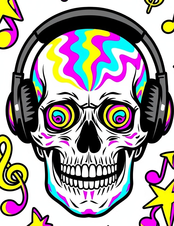 Psychedelic Skull Headphones Music Notes Rug