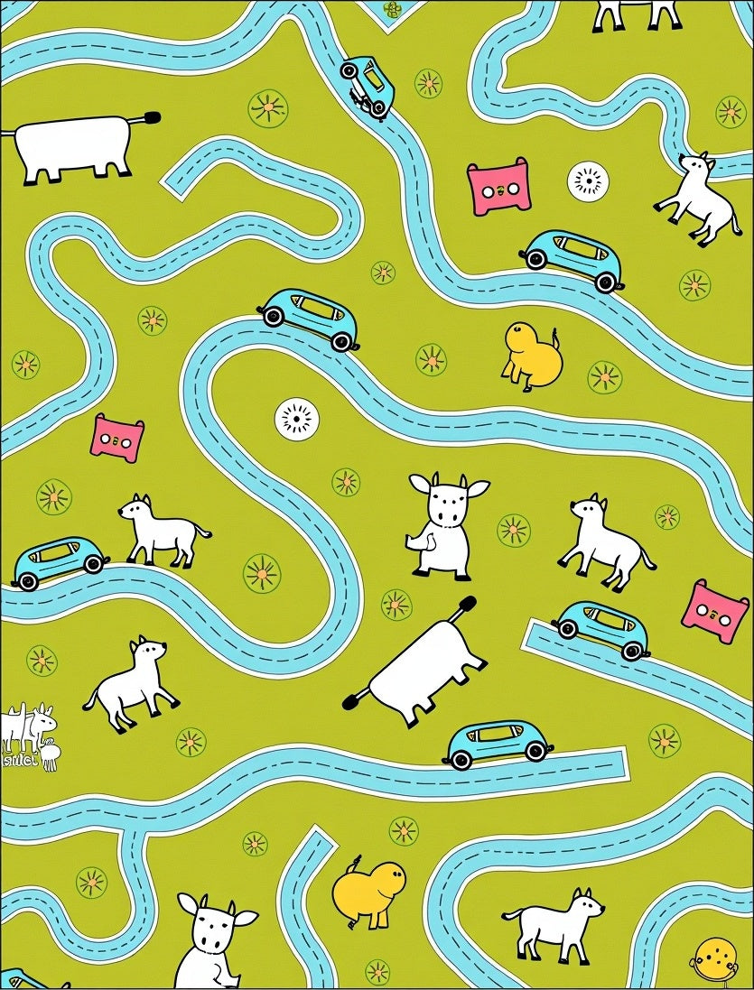Whimsical Green Farm Animal Road Race Rug