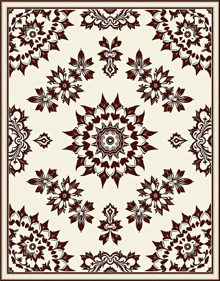 Dark Brown Cream Medallion Floral Arrangement Rug
