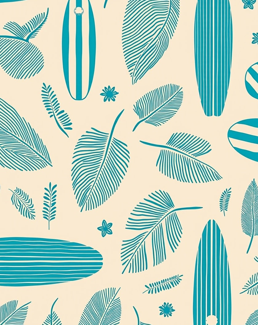 Teal Surfboard Palm Leaf Tropical Rug
