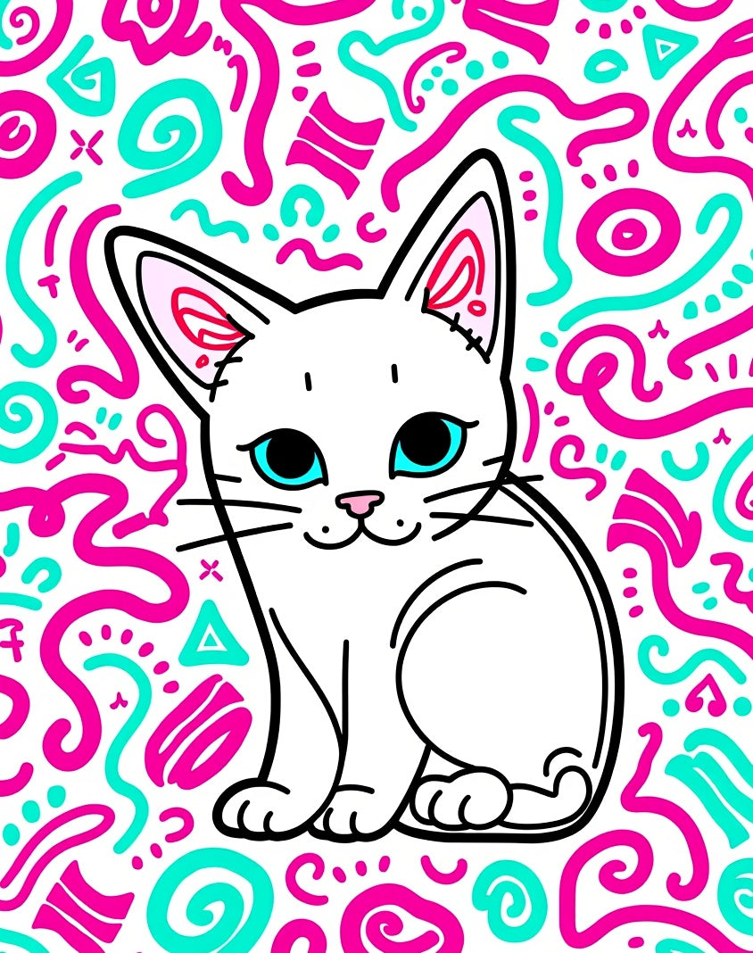 Cute White Cat Pink Teal Scribbles Rug