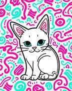 Cute White Cat Pink Teal Scribbles Rug