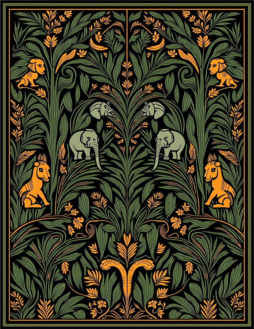 Emerald Green Folk Art Elephants Rug