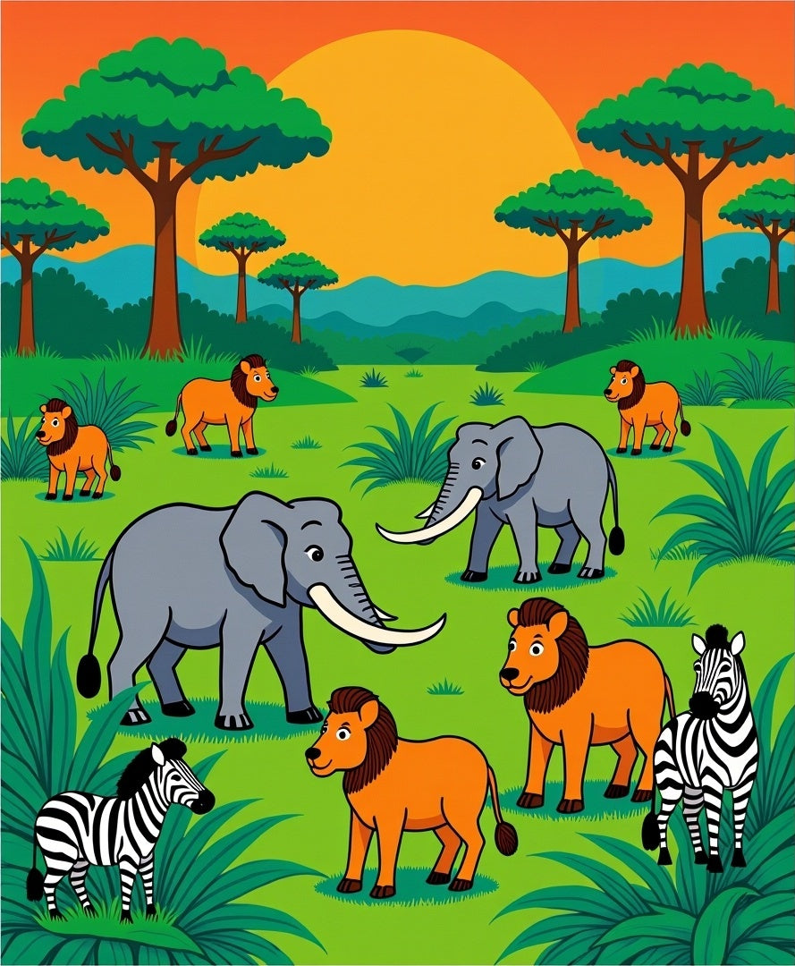 Safari Animals Sunset Meadow Scene Rug
