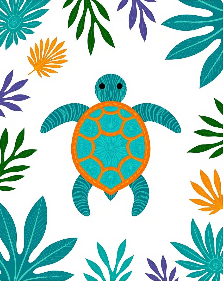 Tropical Sea Turtle Aqua Orange Foliage Rug