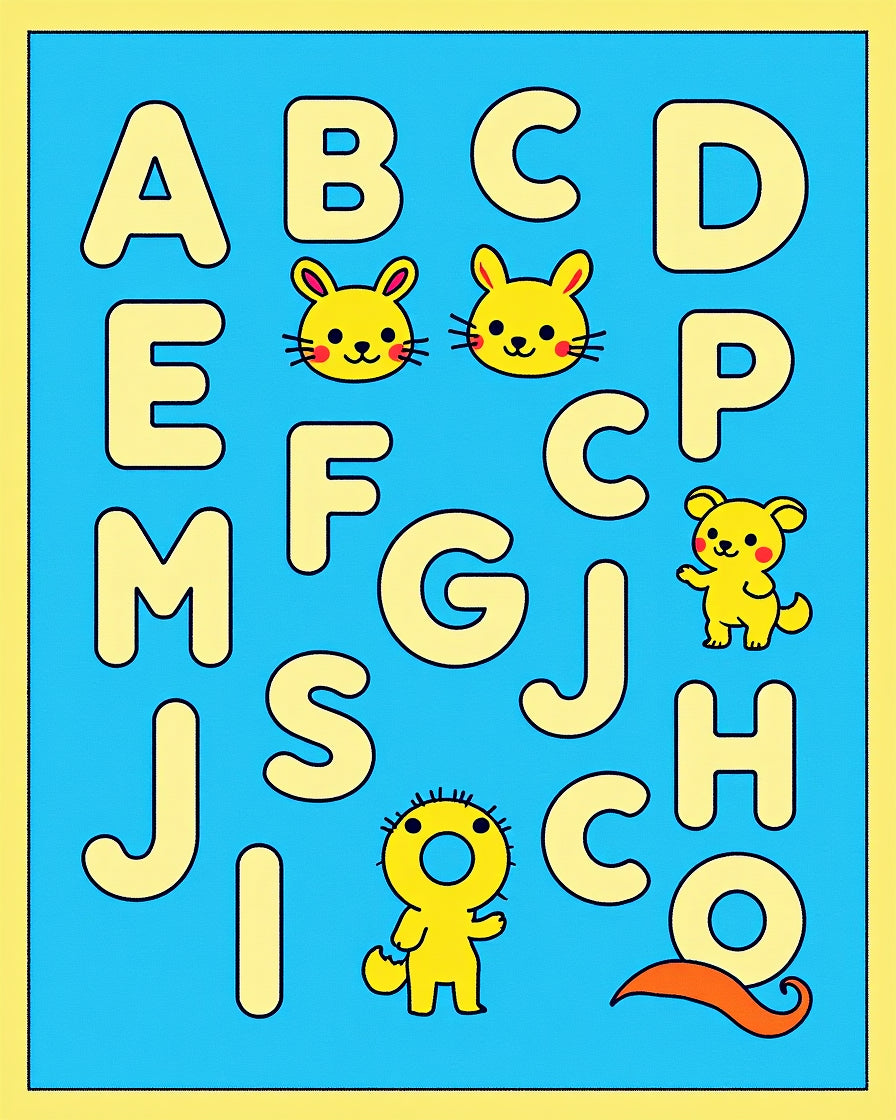 Yellow Alphabet Characters Cute Animals Rug