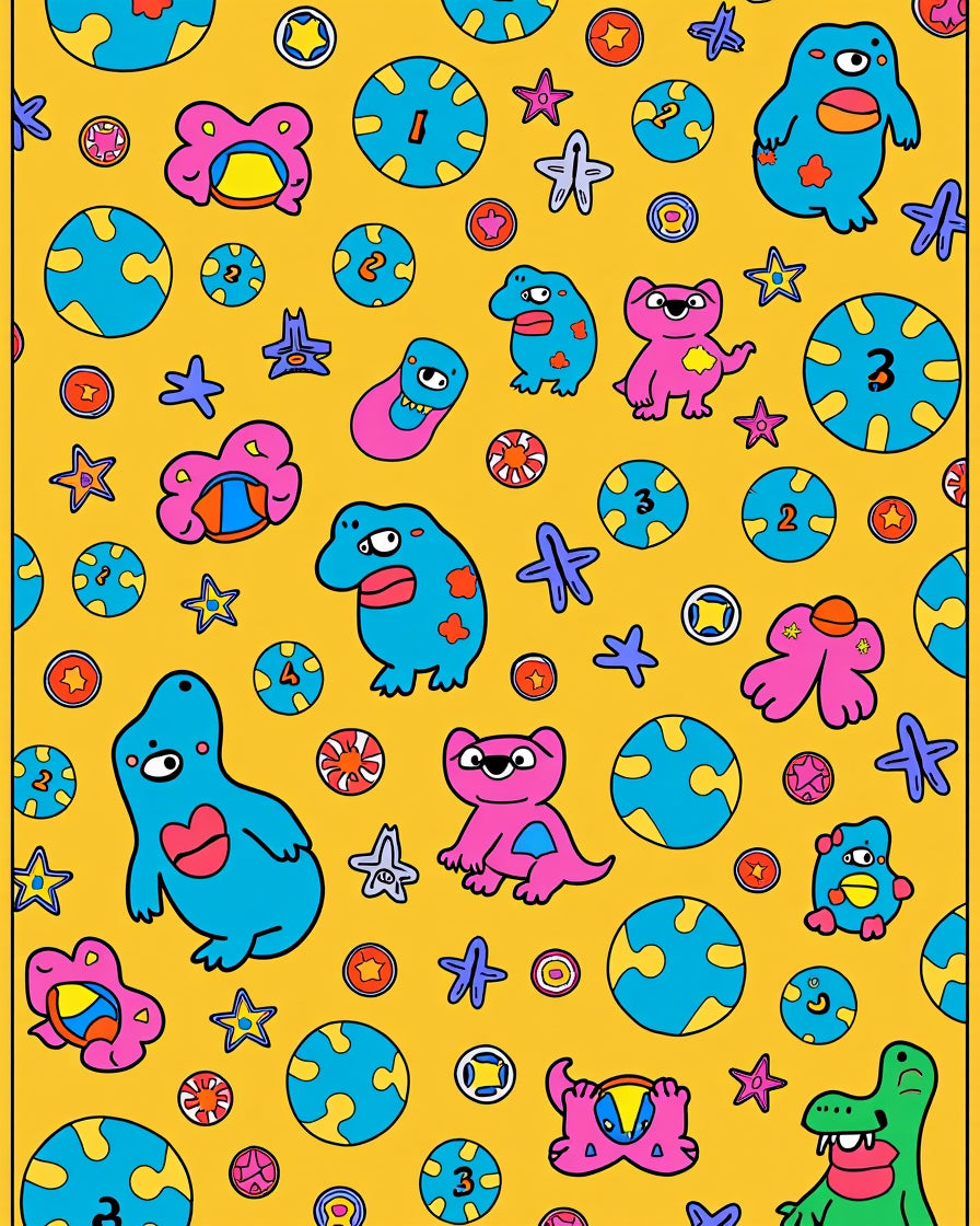 Playful Blue Pink Creatures Yellow Ground Rug