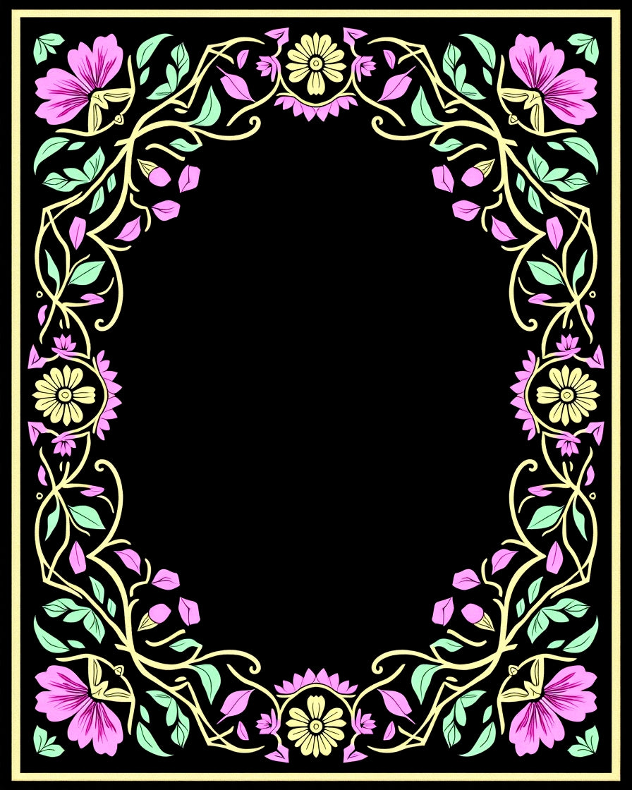 Pink Floral Yellow Leaf Vine Border Rug