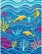 Playful Yellow Dolphins Coral Waves Rug