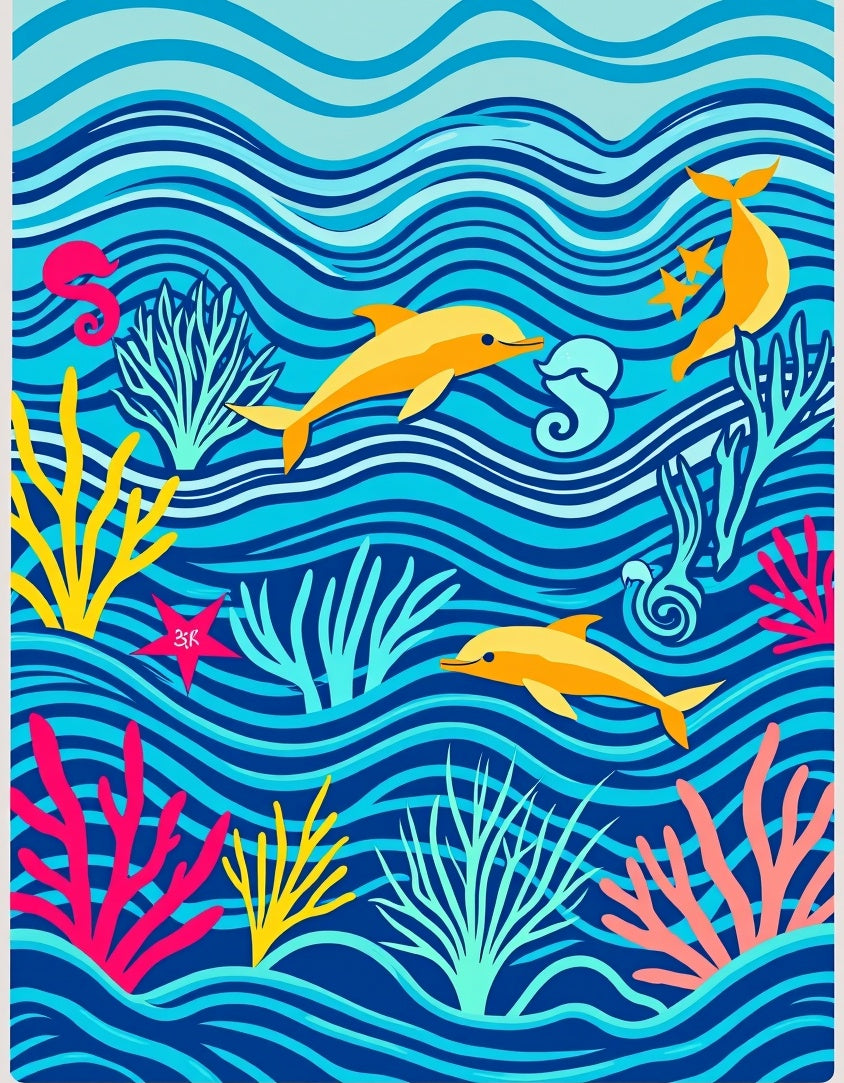 Playful Yellow Dolphins Coral Waves Rug