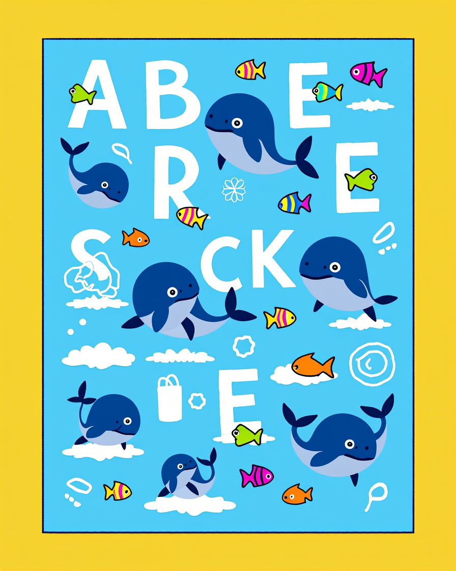Blue Whimsical Cartoon Whale Alphabet Rug