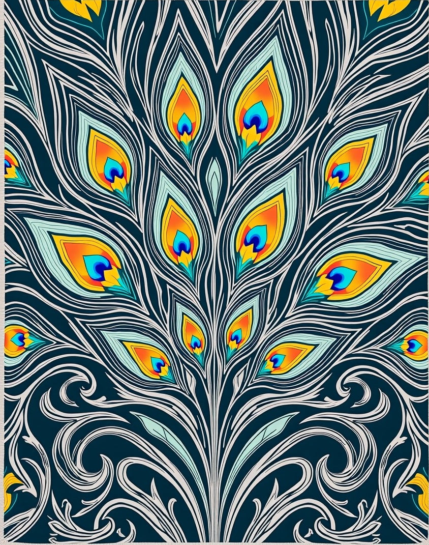 Vivid Teal Orange Peacock Feather Flourish Rug