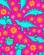 Bright Pink Turquoise Dinosaur Floral Medley Rug