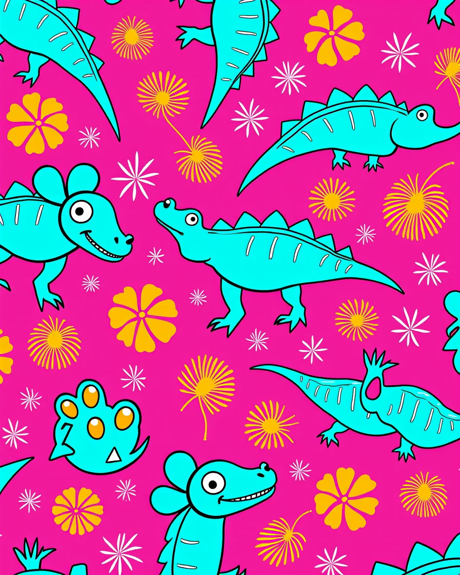 Bright Pink Turquoise Dinosaur Floral Medley Rug