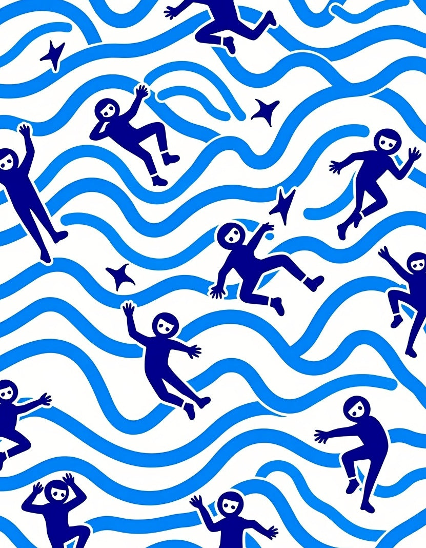 Navy Blue Figures Ocean Waves Rug