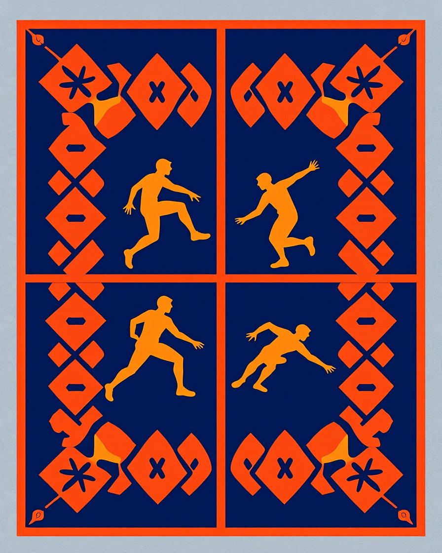 Orange Figures Blue Geometric Narrative Rug