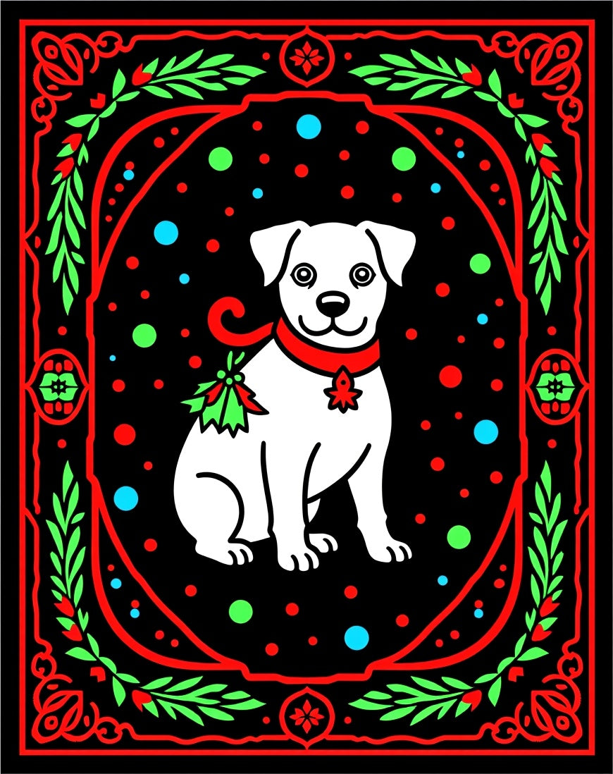 Festive white dog with red accents Rug