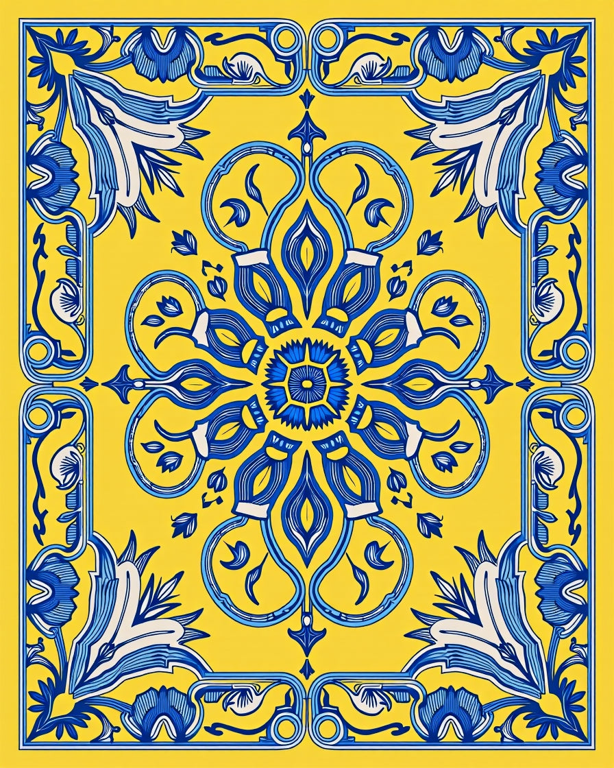 Sunny Yellow Blue Floral Medallion Rug