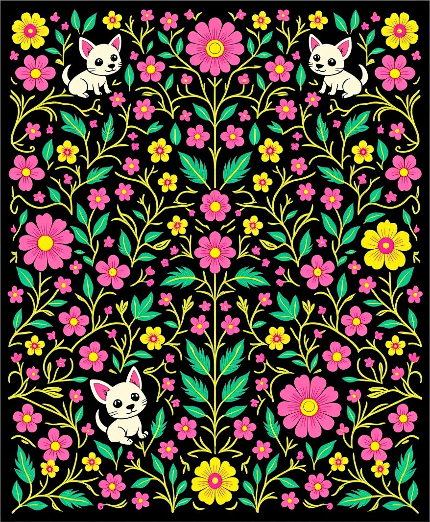 Whimsical Puppy Floral Garden Black Rug