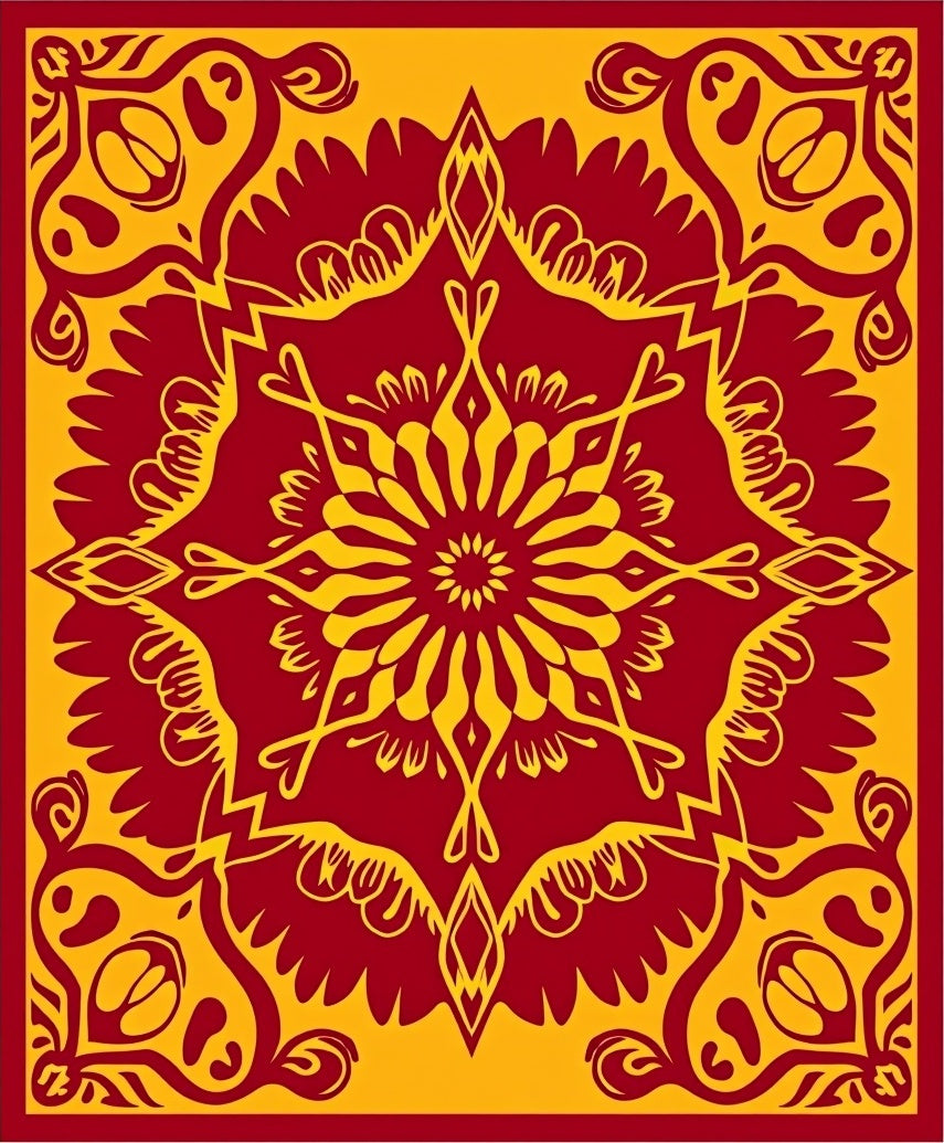 Crimson Yellow Mandala Sunburst Rug