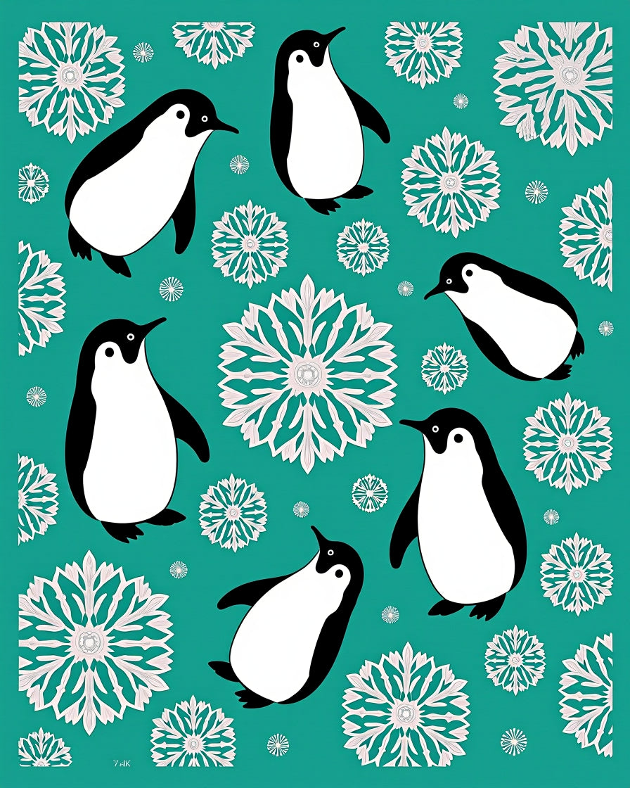Teal Penguin Snowflake Whimsy Rug