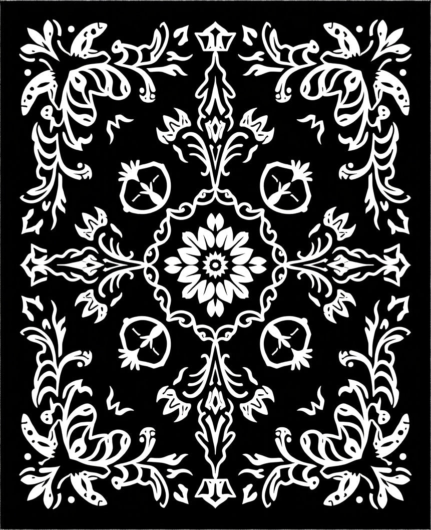 Black White Ornate Floral Medallion Design Rug
