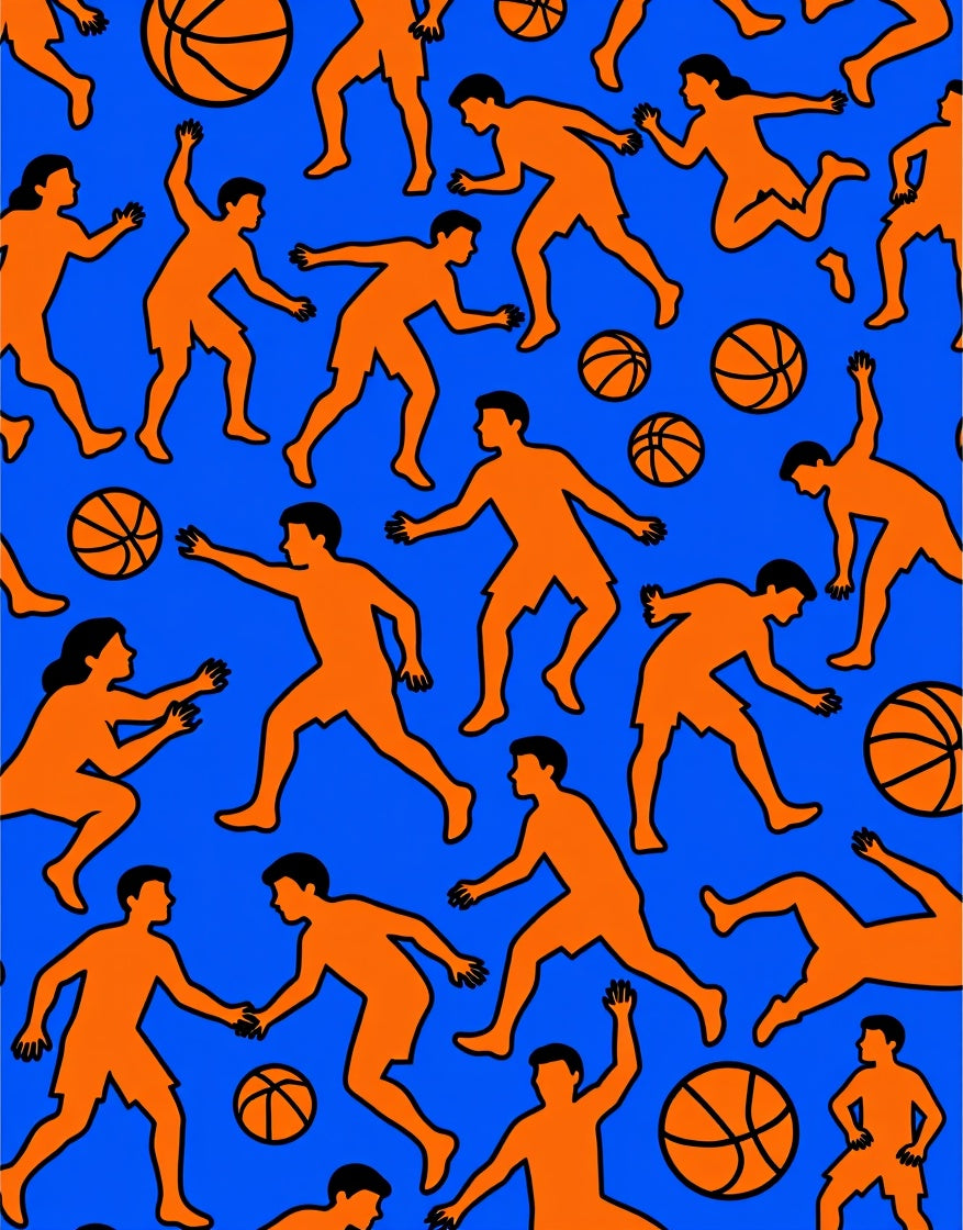 Orange Basketball Players Blue Field Rug