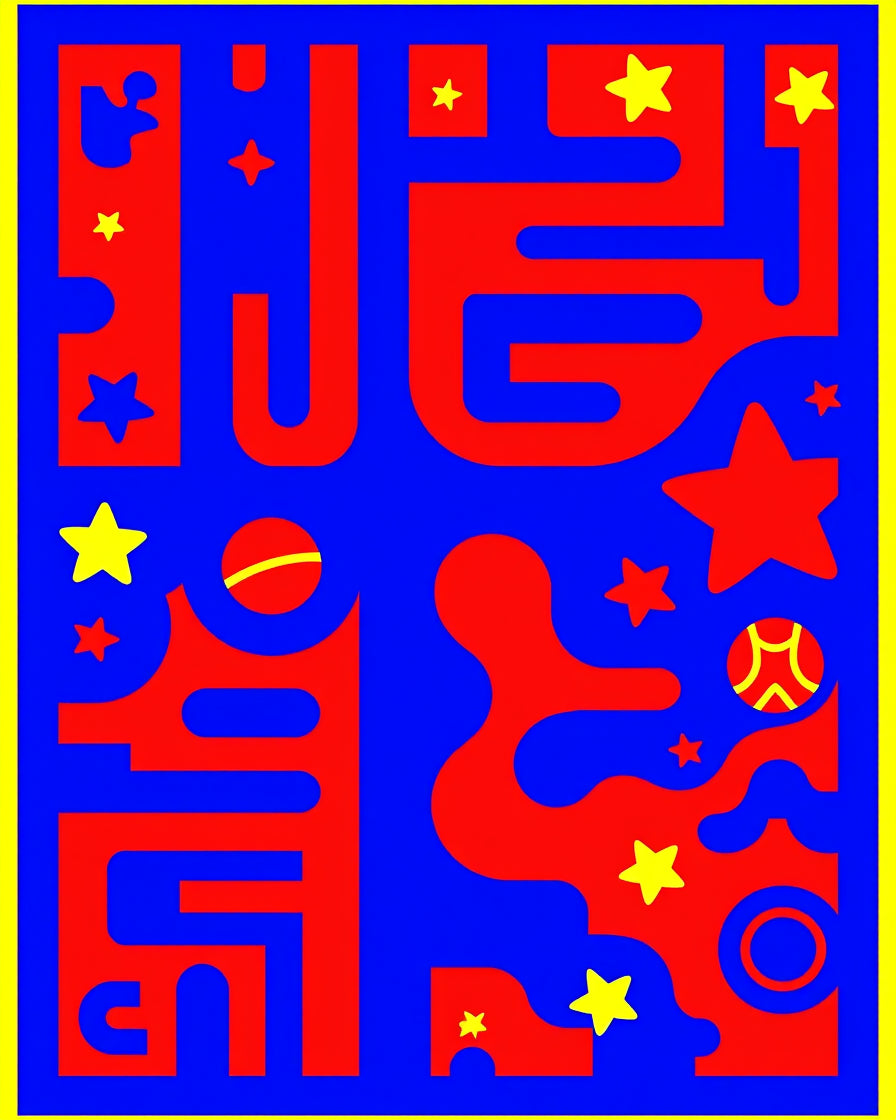 Bold Red Blue Yellow Cosmic Stars Rug
