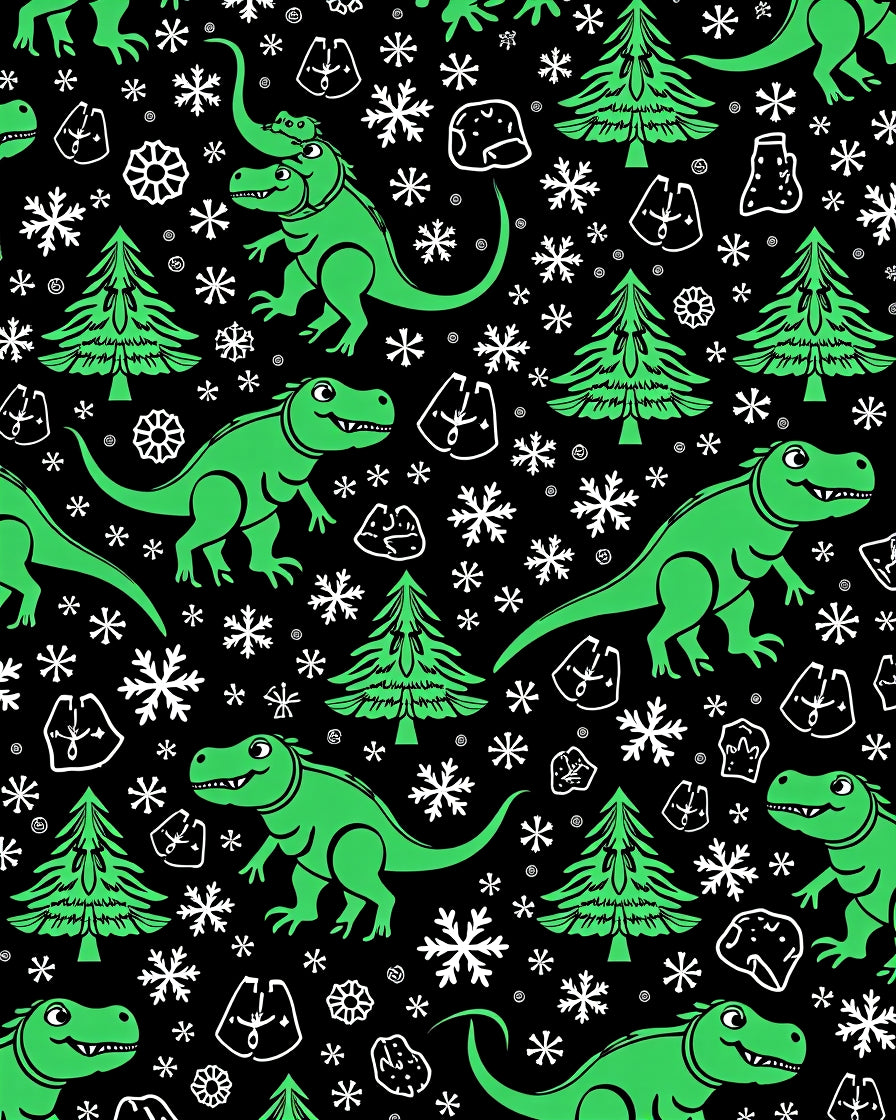 Whimsical Green Dinosaur Snowflake Christmas Trees Rug