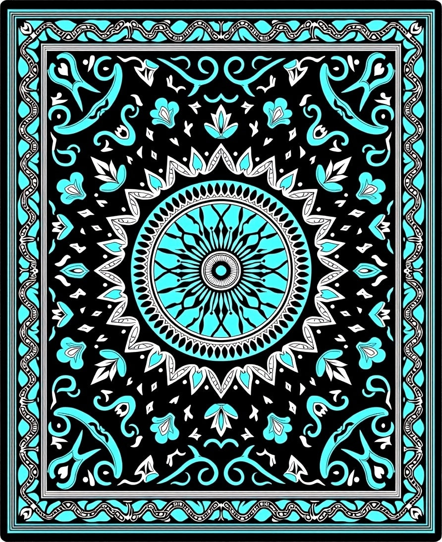 Black Teal Sunburst Mandala Rug