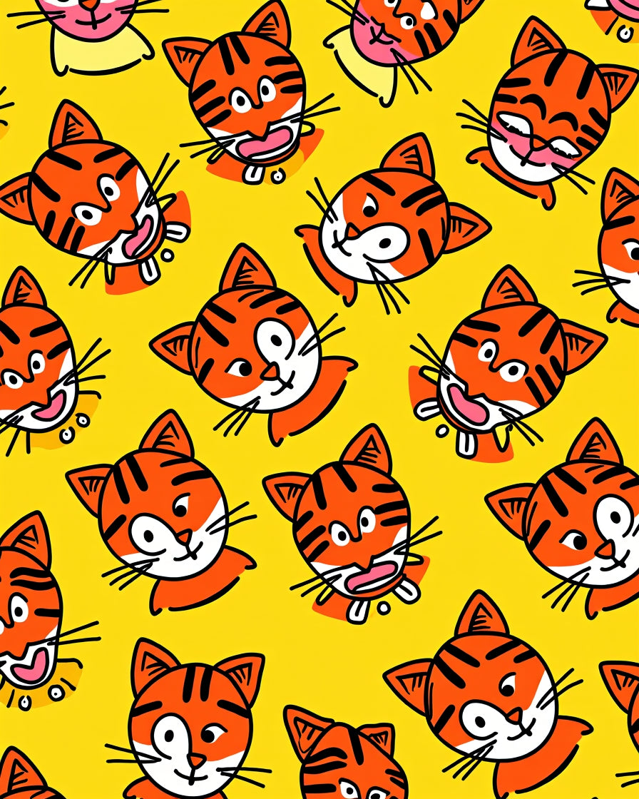 Playful Orange Tiger Faces Yellow Background Rug