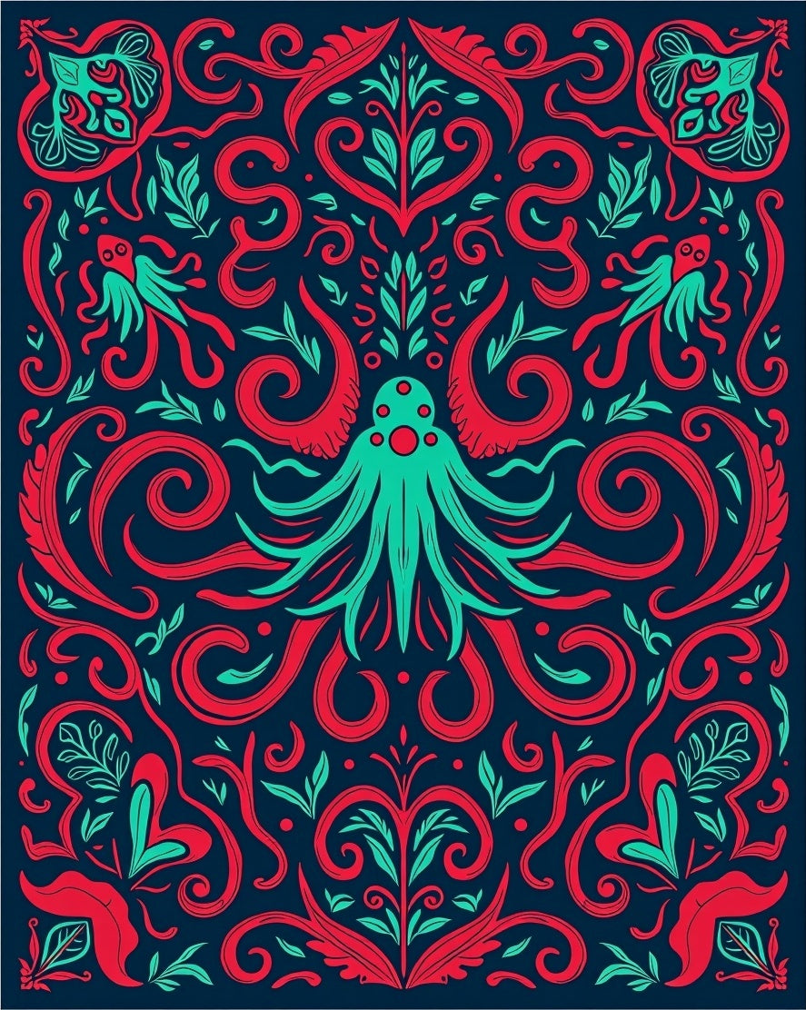 Crimson Teal Kraken Foliage Rug