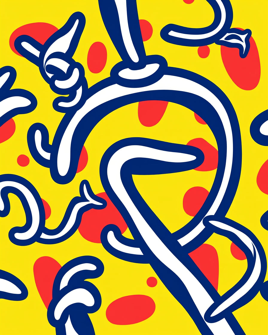 Bold Blue White Swirl Yellow Red Dots Rug
