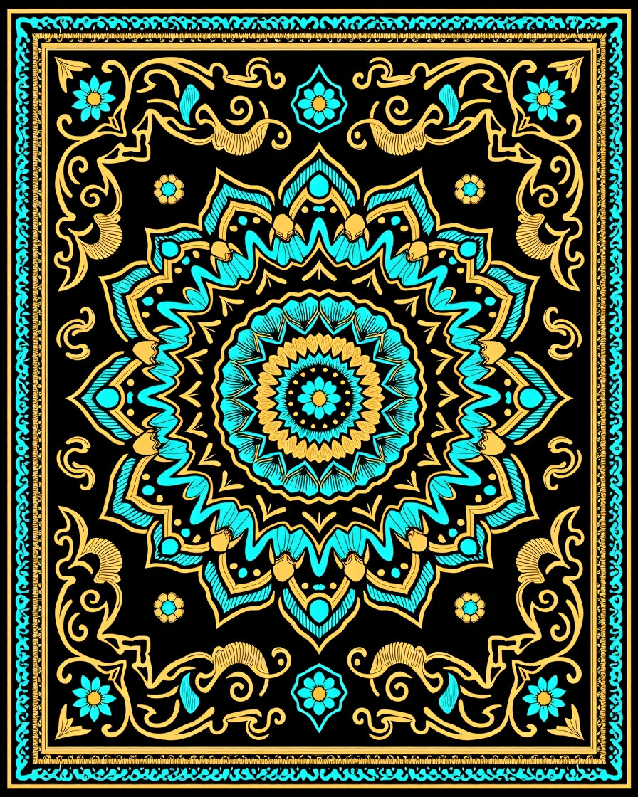 Turquoise Gold Black Mandala Floral Rug