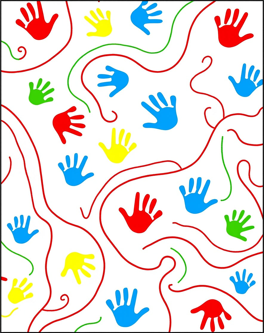 Colorful Handprint Swirls Red Blue Yellow Rug