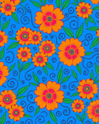 Vibrant Orange Floral Swirl Blue Rug