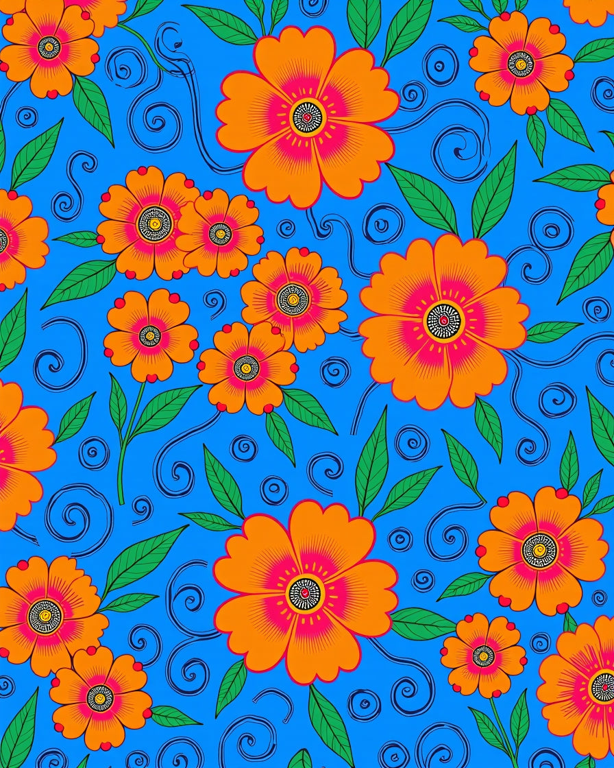 Vibrant Orange Floral Swirl Blue Rug