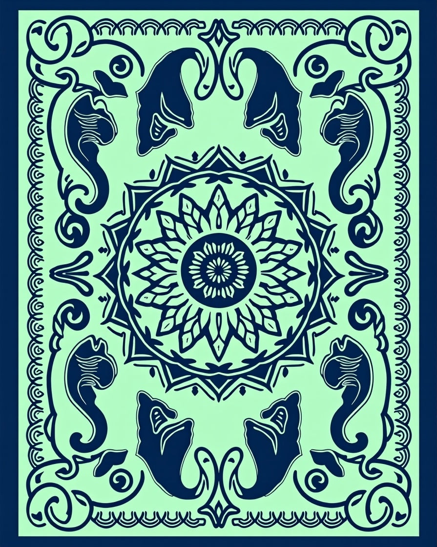 Naval Blue Elephant Medallion Jade Rug
