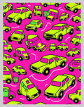Lime Green Cars on Pink Background Rug