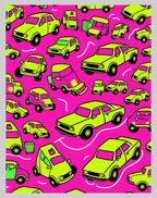 Lime Green Cars on Pink Background Rug