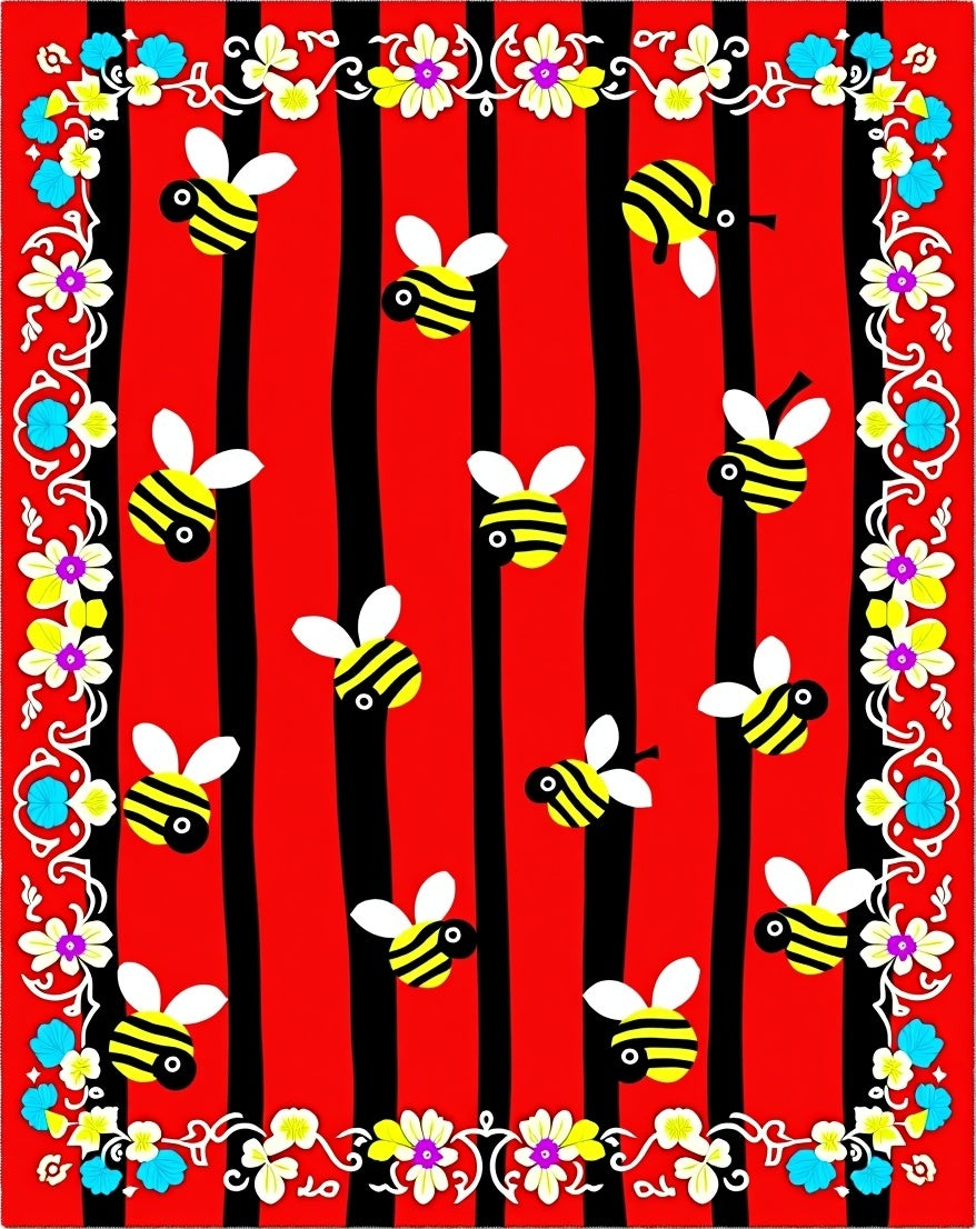 Striped Red Black Honeybee Floral Border Rug