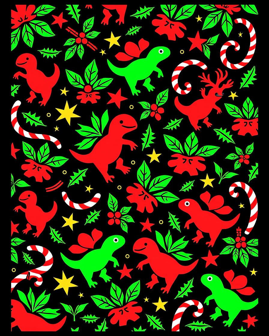 Whimsical Red Green Dinosaur Holiday Rug
