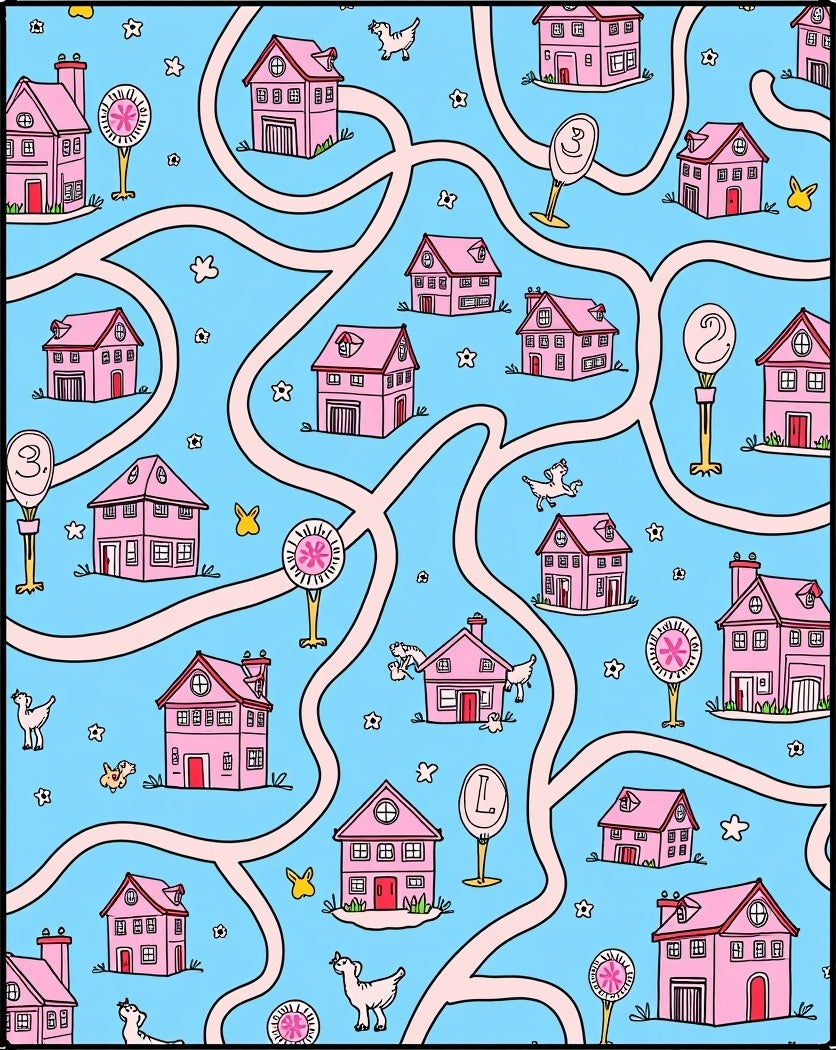 Whimsical Pink Houses Maze Whimsy Rug