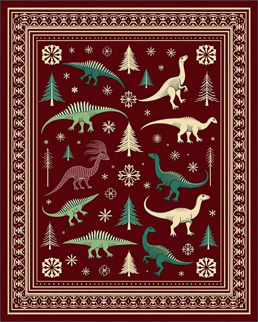 Crimson Festive Dinosaur Woodland Scene Rug