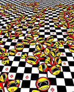 Red yellow cartoon racing characters checkerboard Rug