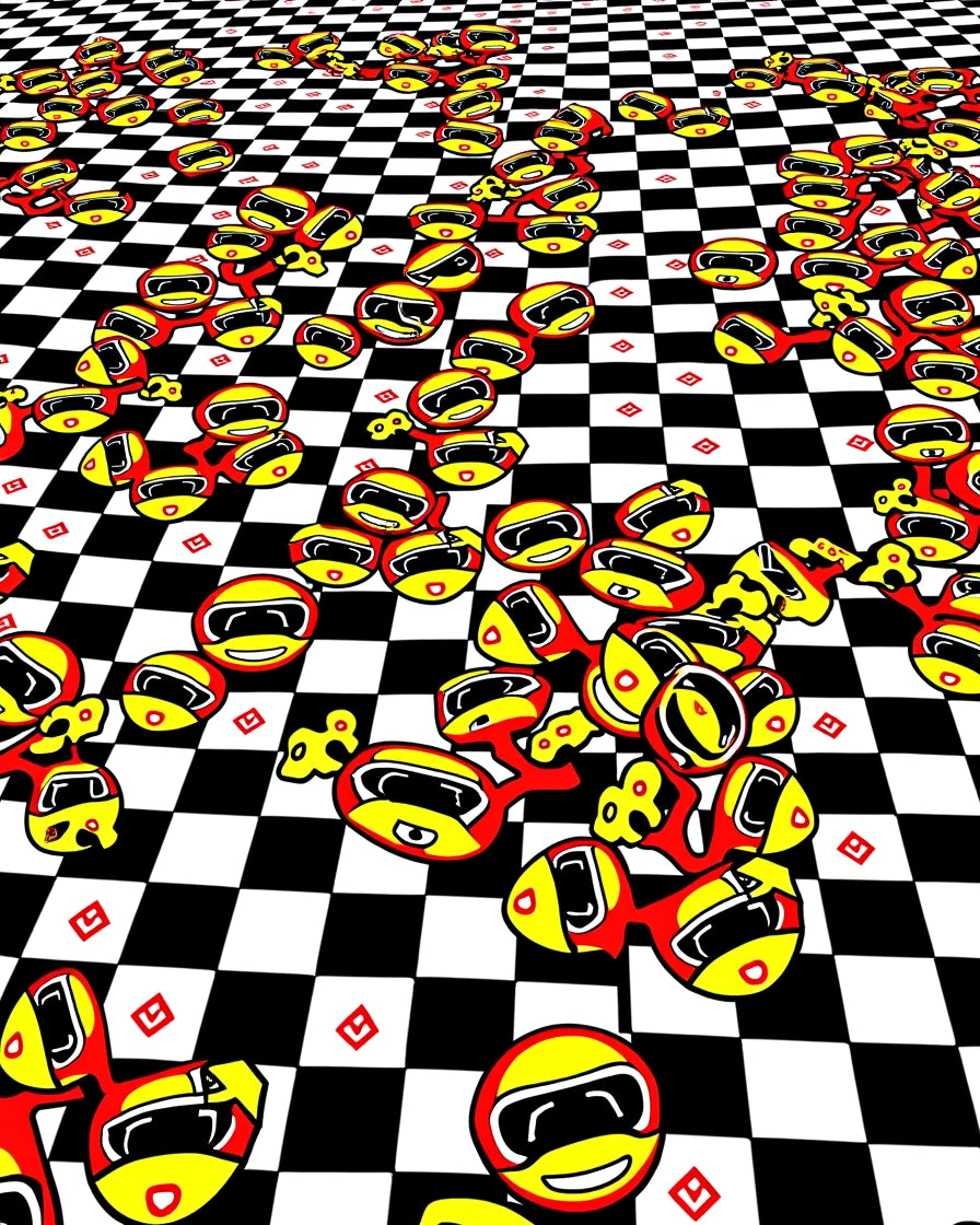 Red yellow cartoon racing characters checkerboard Rug