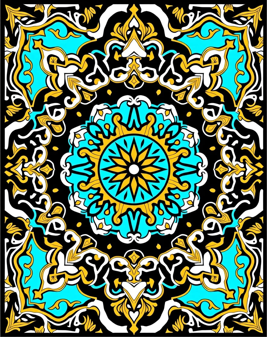 Vibrant Black Turquoise Gold Medallion Rug