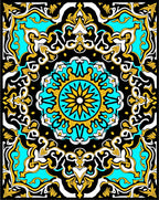Vibrant Black Turquoise Gold Medallion Rug