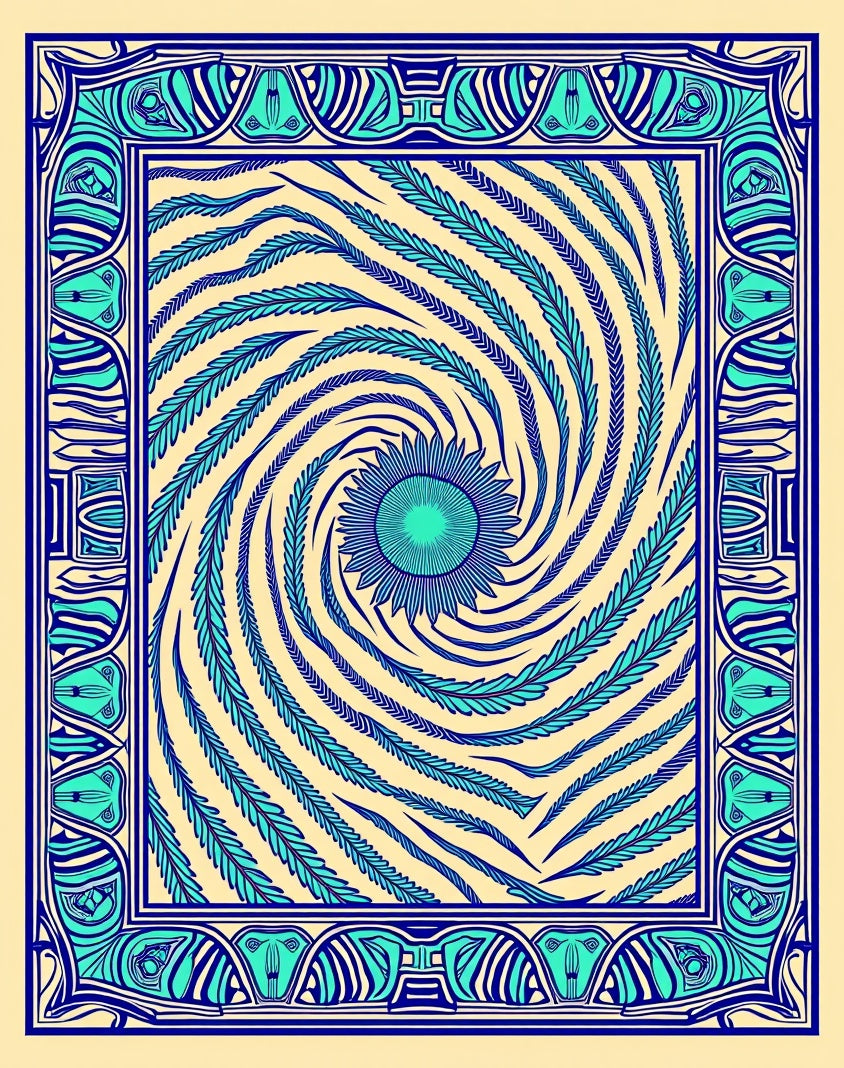 Blue Swirl Feather Geometric Frame Rug